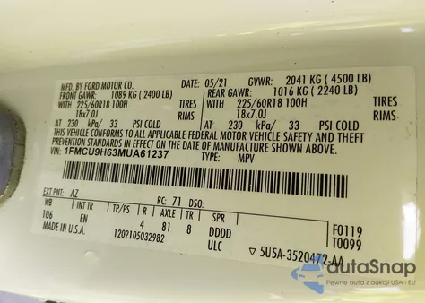 2021 Ford Escape Sel from USA, damaged, VIN 1FMCU9H63MUA61237